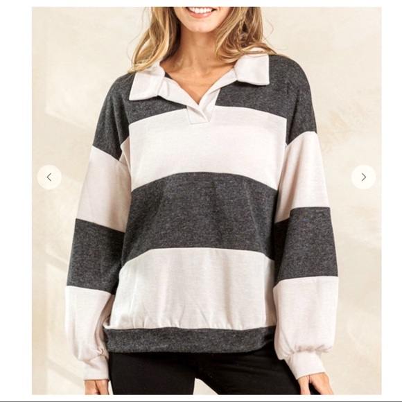 29 Boho Color Block Stretch Collared Top - Picture 4 of 5